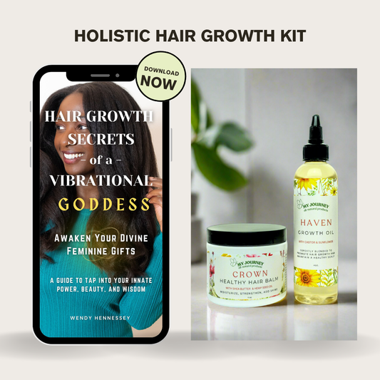 Holistic hair growth kit with a phone displaying a book titled 'Hair Growth Secrets of a Vibrational Goddess' and two products on a white background.