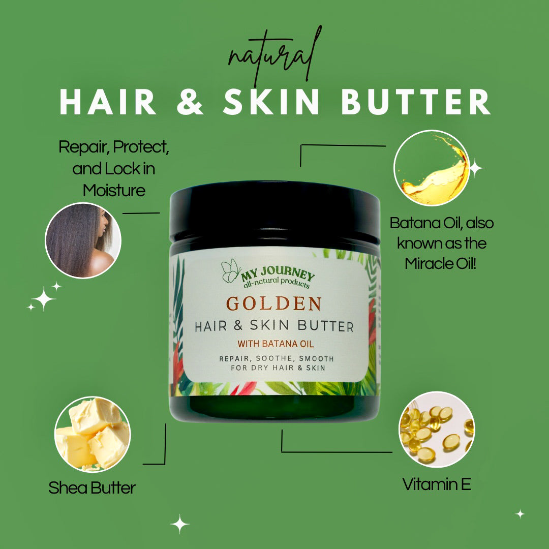 GOLDEN HAIR & SKIN BUTTER - multi-purpose, thick restorative balm that nourishes deeply, seals in moisture, strengthens hair, and protects skin (with Batana Oil)