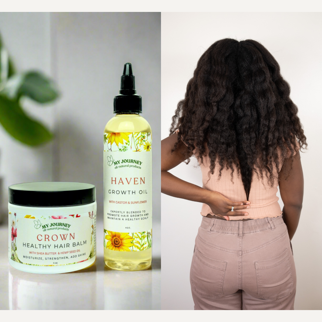 My Journey hair care products with a woman displaying healthy hair.