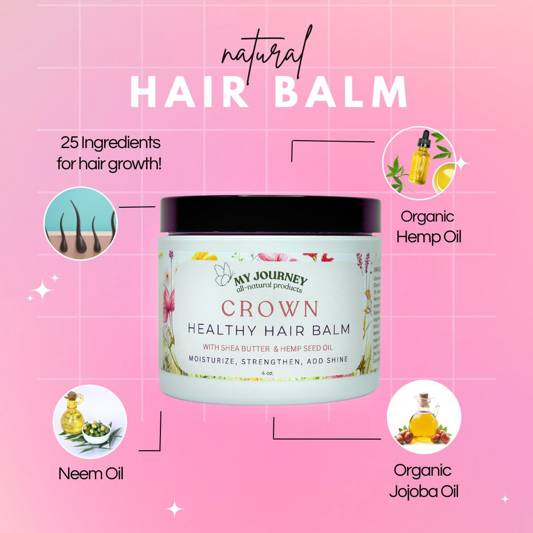 My Journey Crown Healthy Hair Balm jar  with ingredients on a pink background