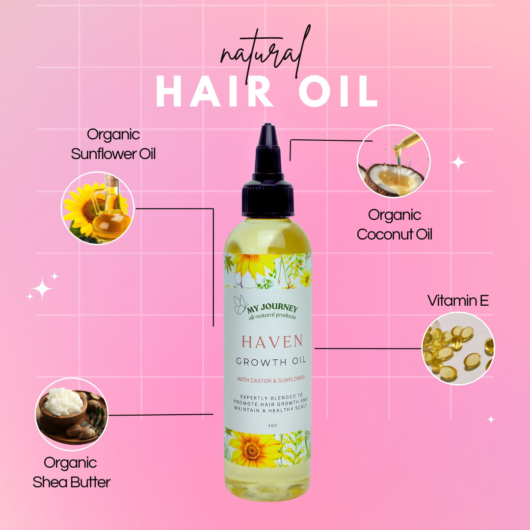 Hair oil bottle with ingredients on a pink background. A bottle of Haven Growth Oil with a label that includes sunflowers, indicating it is a hair care product designed to promote hair growth.